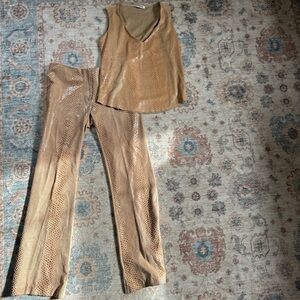 Women’s Tan Snake-Print Satin Tank & Flare Pants Set